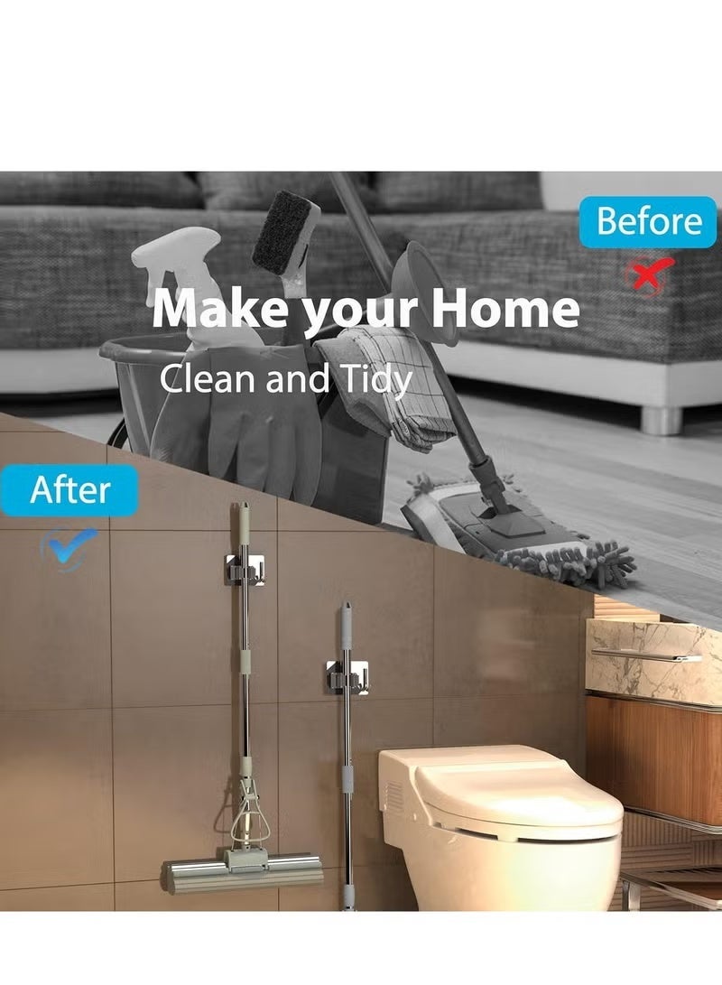 Mop Holder for Kitchen, Home Garage and Laundry, Mop Holder with Wall Mount, Multipurpose Mop and Broom Holder Organizer (Pack of 4) - Silver - Image 5